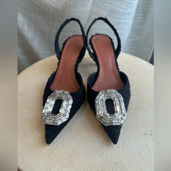 New Amina Muaddi Black Tweed Slingback Heel Pump with Square Jewel, sz 36EU - Picture 4 of 7